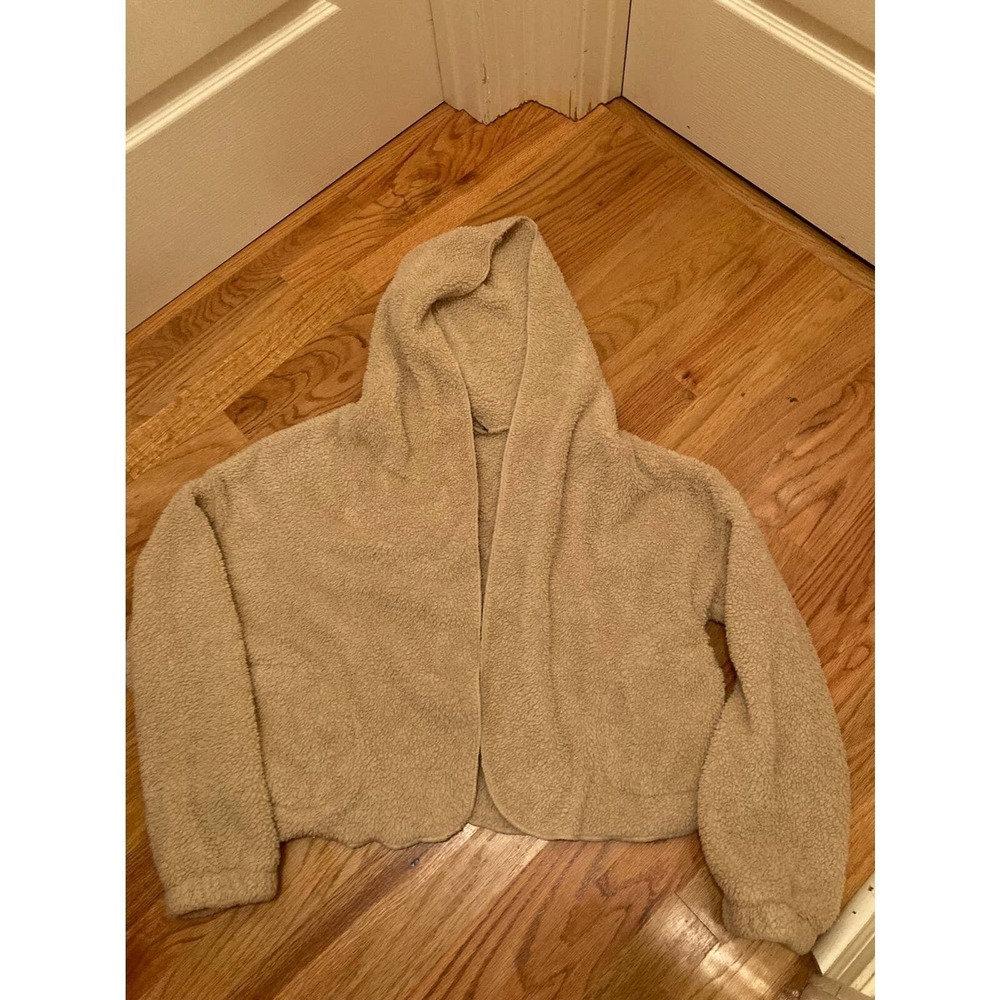 ZAFUL Womens Fleece Open Front Hooded Jacket Tan Beige Medium Cozy Loungewear